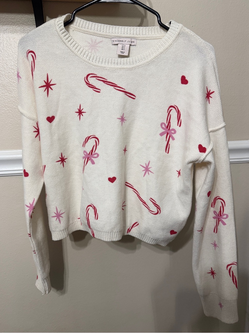 Sincerly Jules Cream Candy Cane & Pink Star Crewneck Sweater Perfect for Xmas